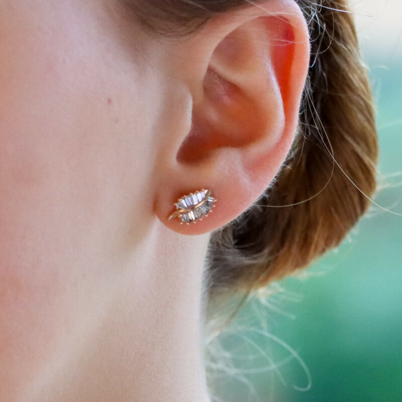 Contemporary Baguette Cut Diamond Leaf Studs in Rose Gold