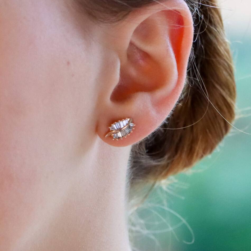 Contemporary Baguette Cut Diamond Leaf Studs in Rose Gold