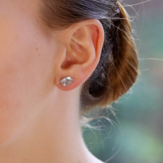 Baguette Cut Diamond Leaf Studs in White Gold