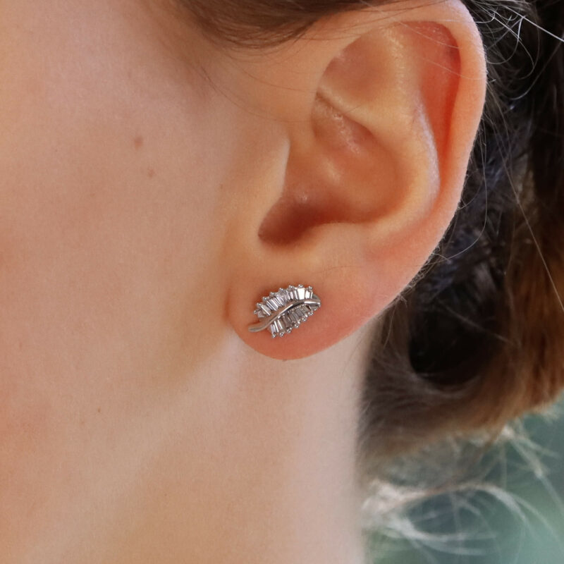 Baguette Cut Diamond Leaf Studs in White Gold