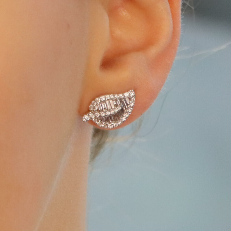 Contemporary Diamond Leaf Stud Earrings in White Gold