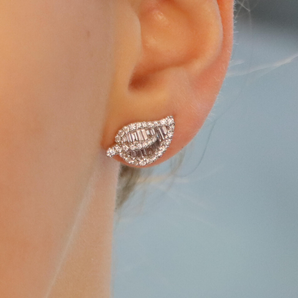 Contemporary Diamond Leaf Stud Earrings in White Gold