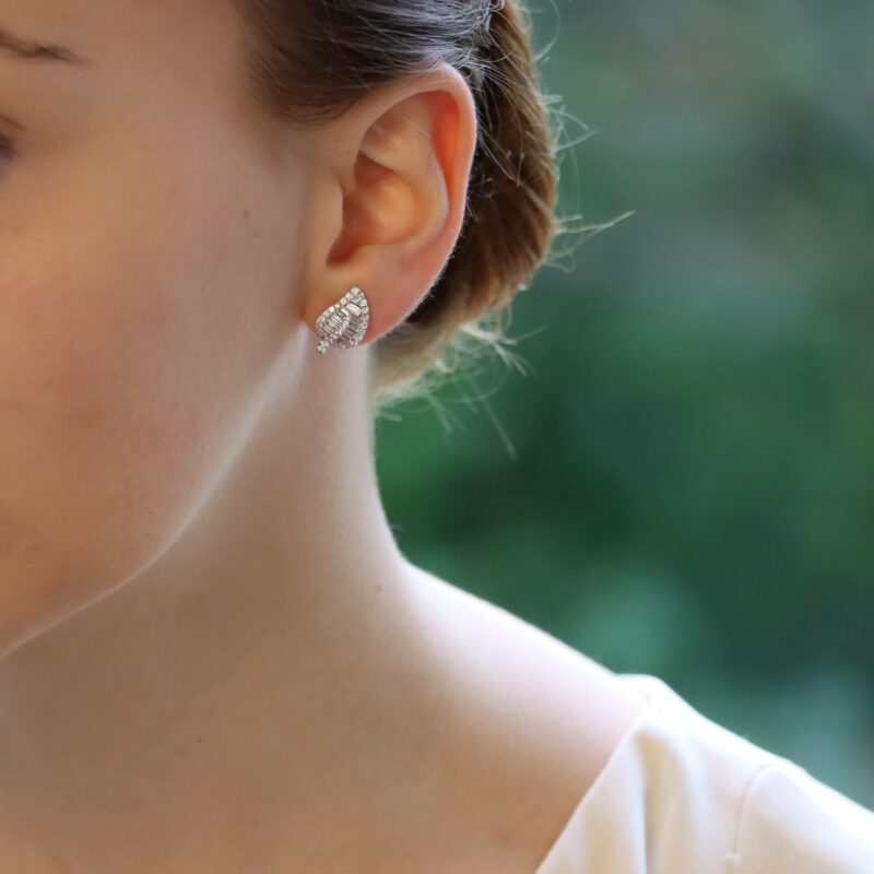 Contemporary Diamond Leaf Stud Earrings in White Gold