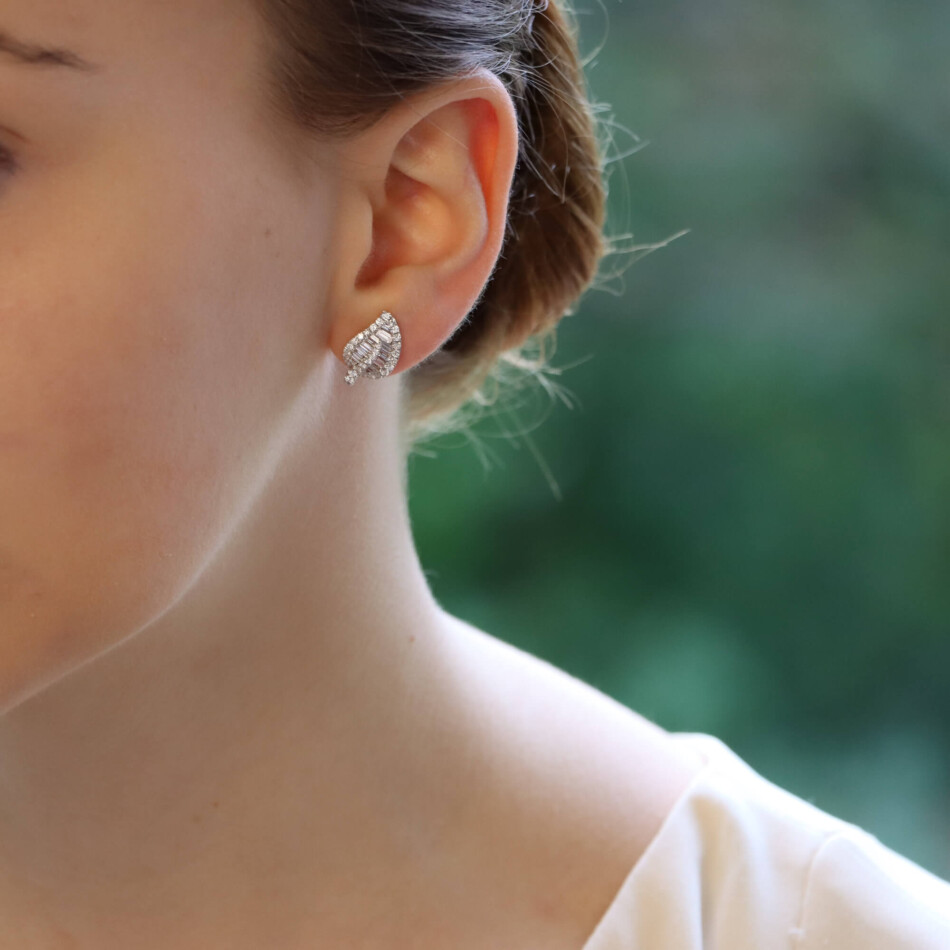 Contemporary Diamond Leaf Stud Earrings in White Gold