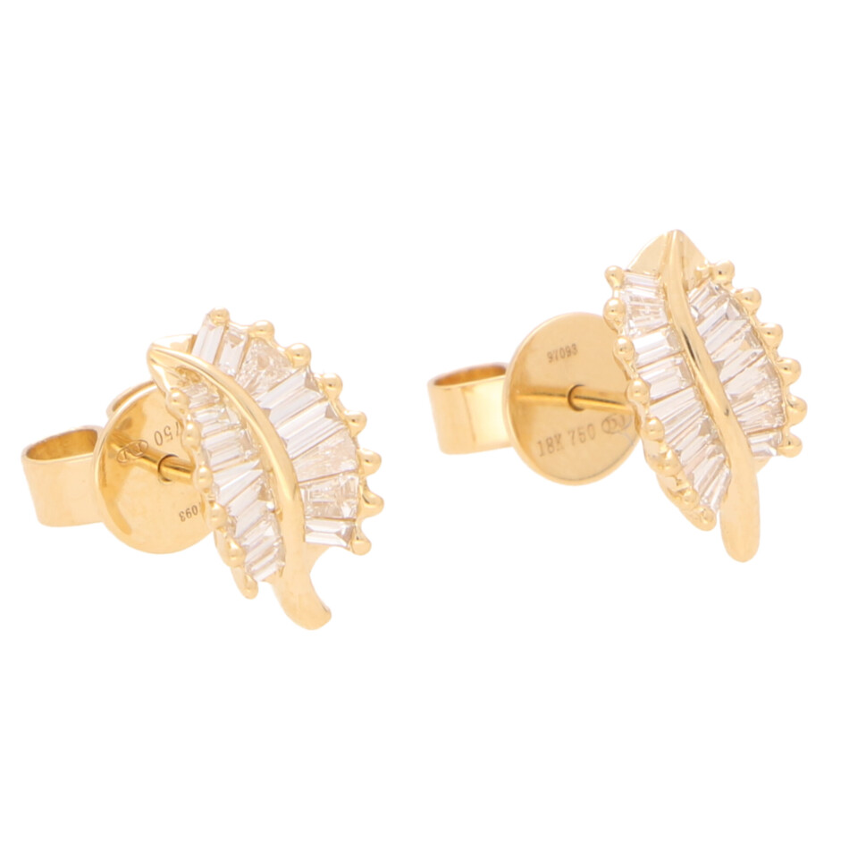 Contemporary Baguette Cut Diamond Leaf Studs in Yellow Gold