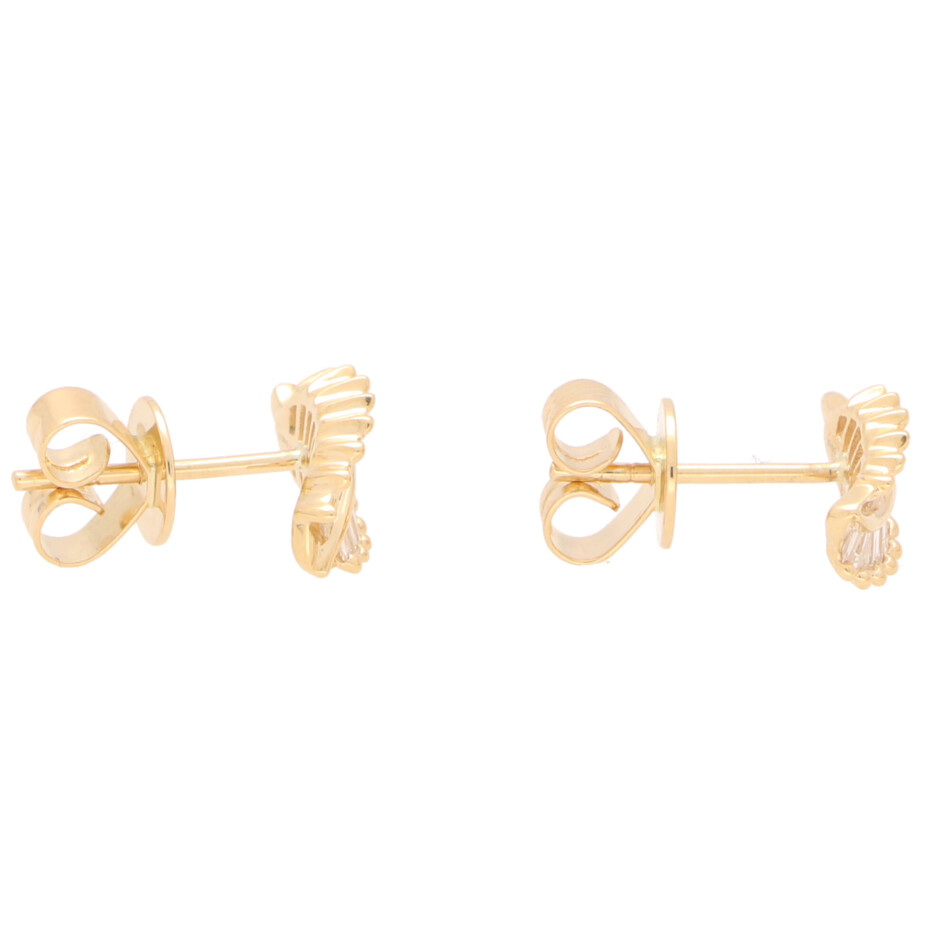 Contemporary Baguette Cut Diamond Leaf Studs in Yellow Gold