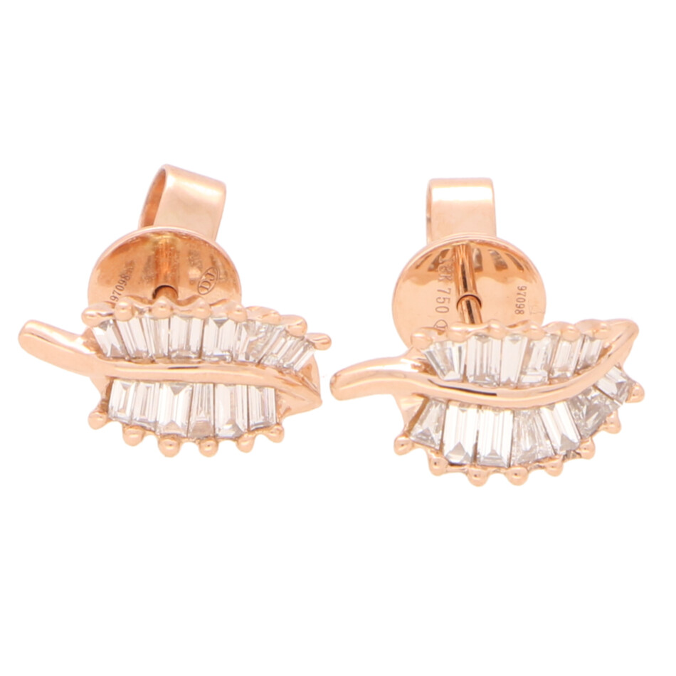 Contemporary Baguette Cut Diamond Leaf Studs in Rose Gold