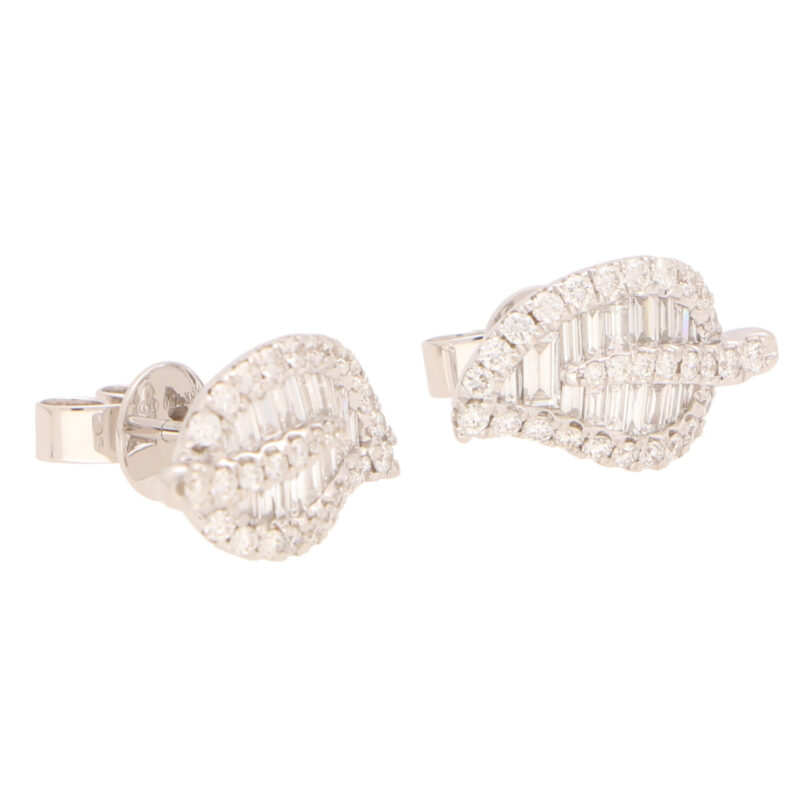 Contemporary Diamond Leaf Stud Earrings in White Gold