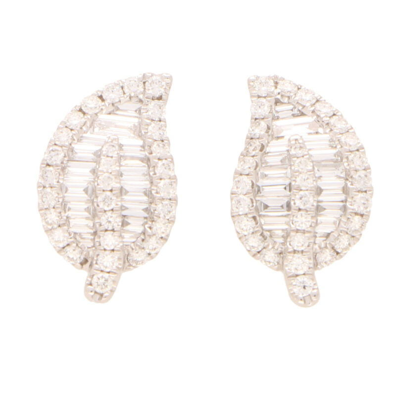 Contemporary Diamond Leaf Stud Earrings in White Gold