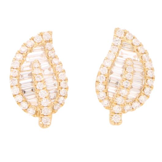 Contemporary Diamond Leaf Stud Earrings in Yellow Gold