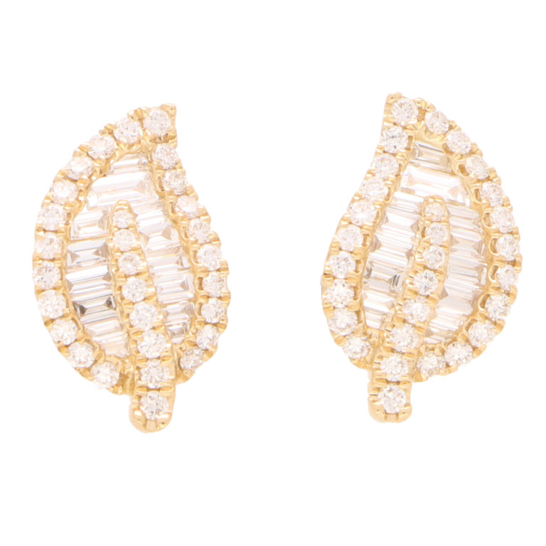 Contemporary Diamond Leaf Stud Earrings in Yellow Gold