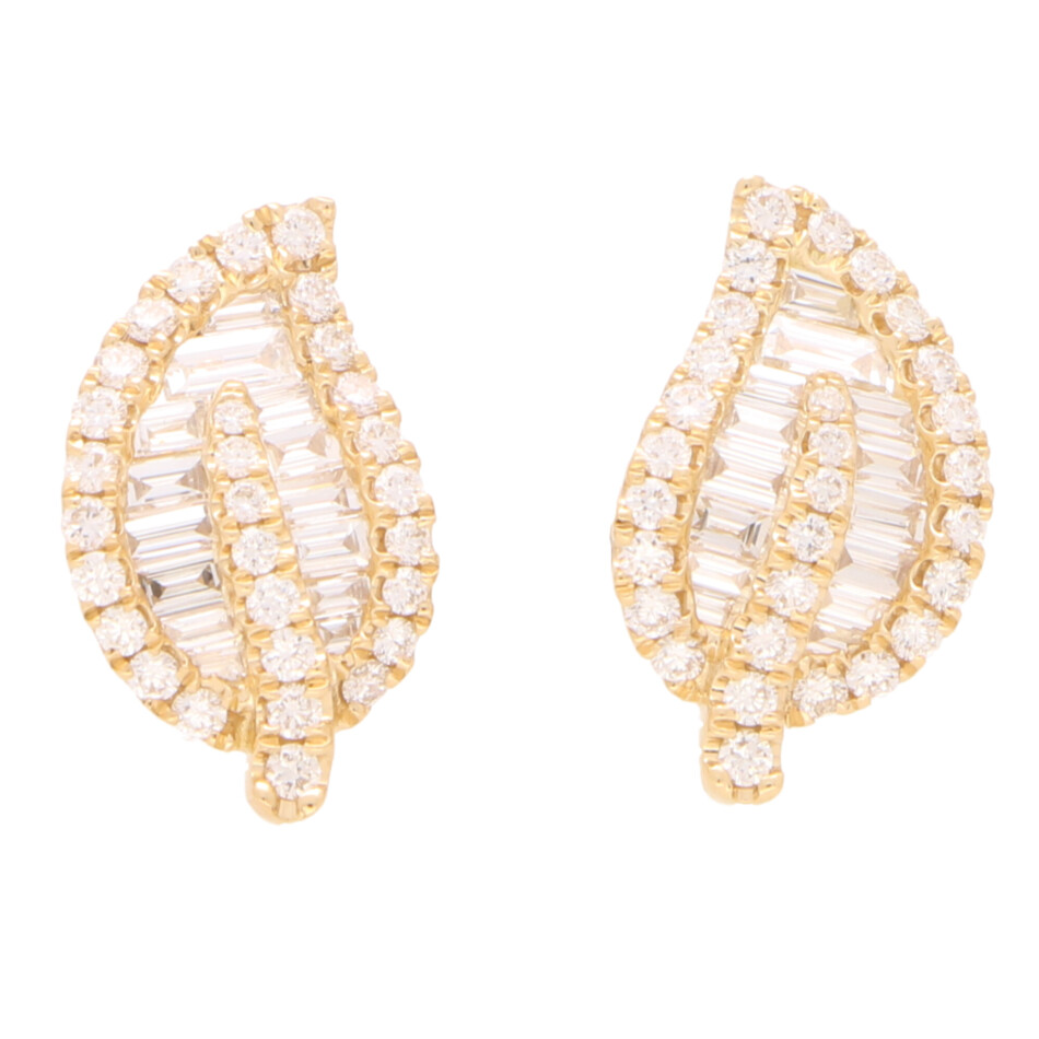 Contemporary Diamond Leaf Stud Earrings in Yellow Gold