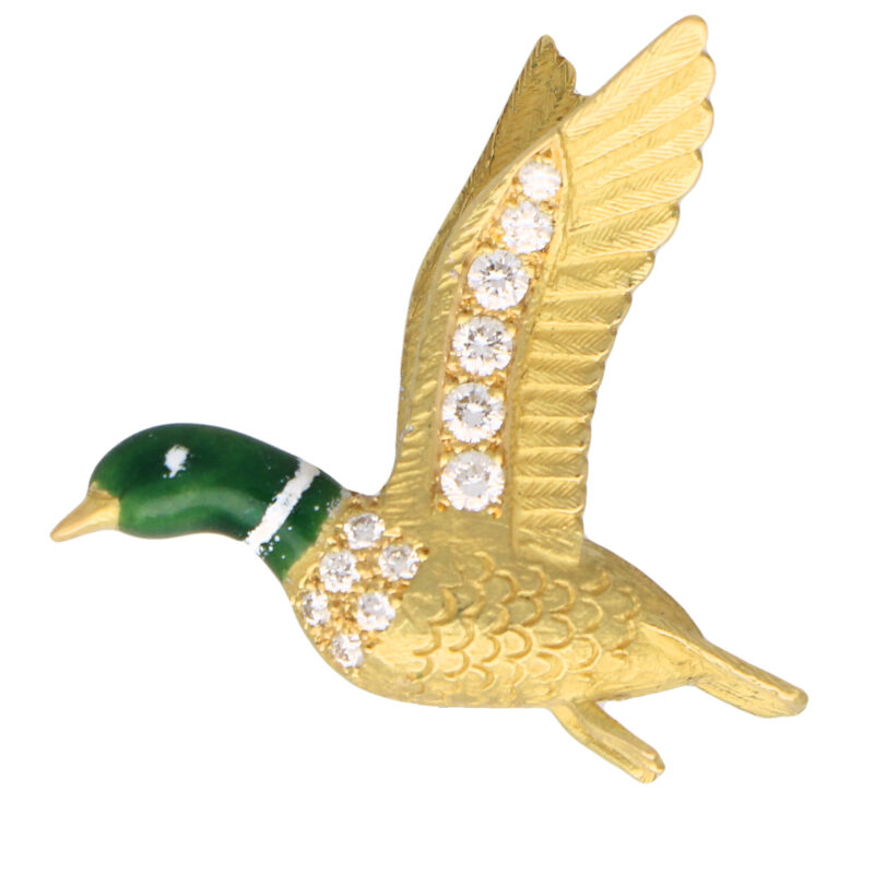 Green Enamel and Diamond Duck Brooch