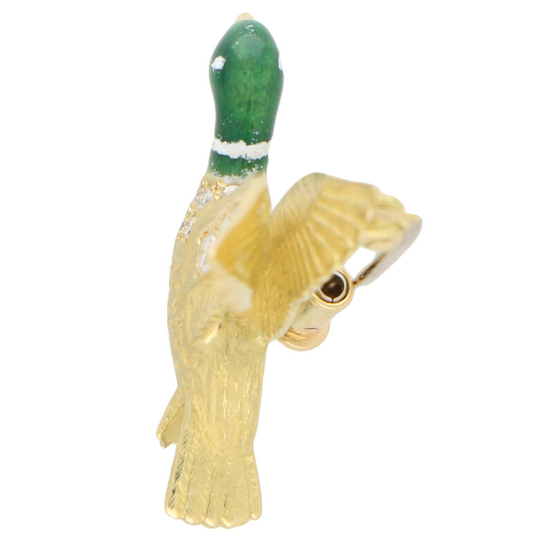 Green Enamel and Diamond Duck Brooch