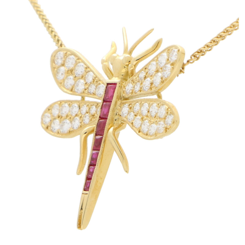 Diamond and Ruby Dragonfly Pendant Necklace