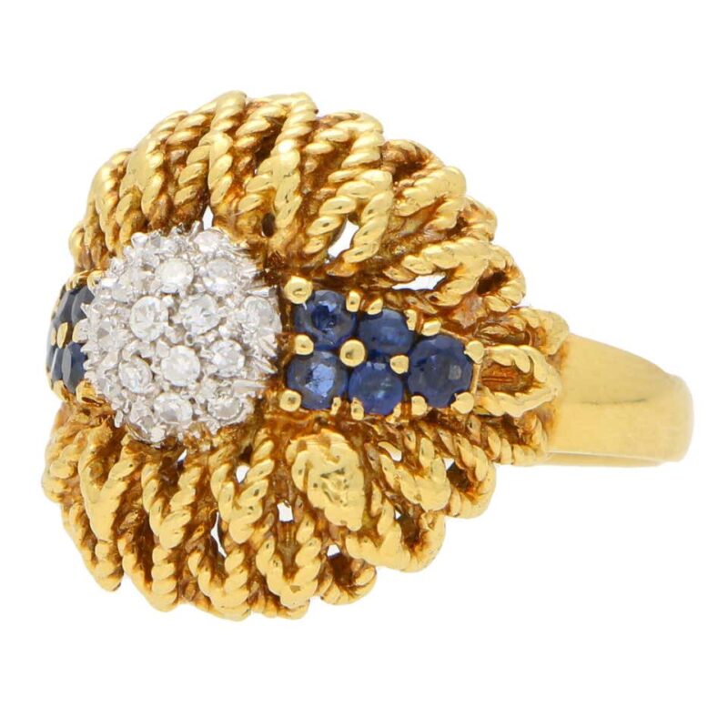 1960's Diamond and Sapphire Floral Cocktail Bombe Ring