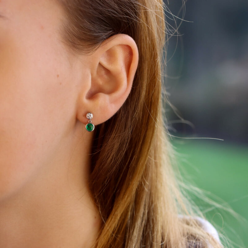 Diamond and Emerald Drop Stud Earrings