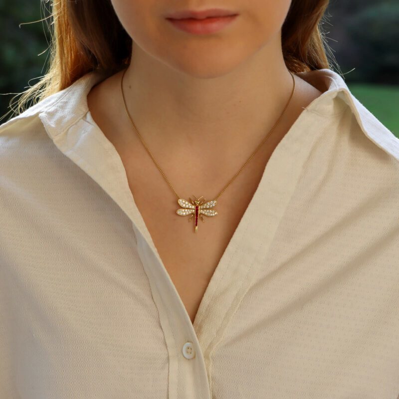 Diamond and Ruby Dragonfly Pendant Necklace