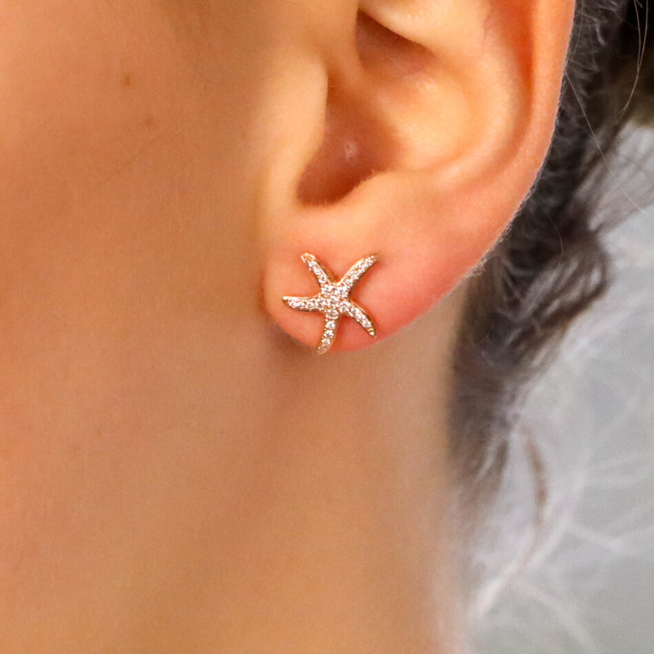Contemporary Medium Diamond Starfish Stud Earrings in Rose Gold