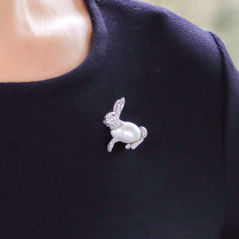 Baroque Freshwater Pearl and Diamond Rabbit Pin Brooch