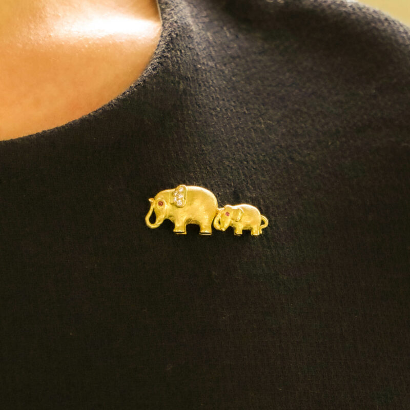 Ruby and Diamond Mother and Baby Elephant Brooch