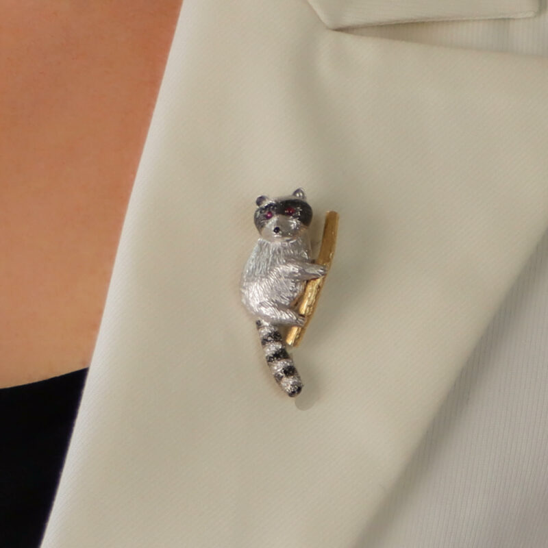 Black and White Diamond Raccoon Pin Brooch