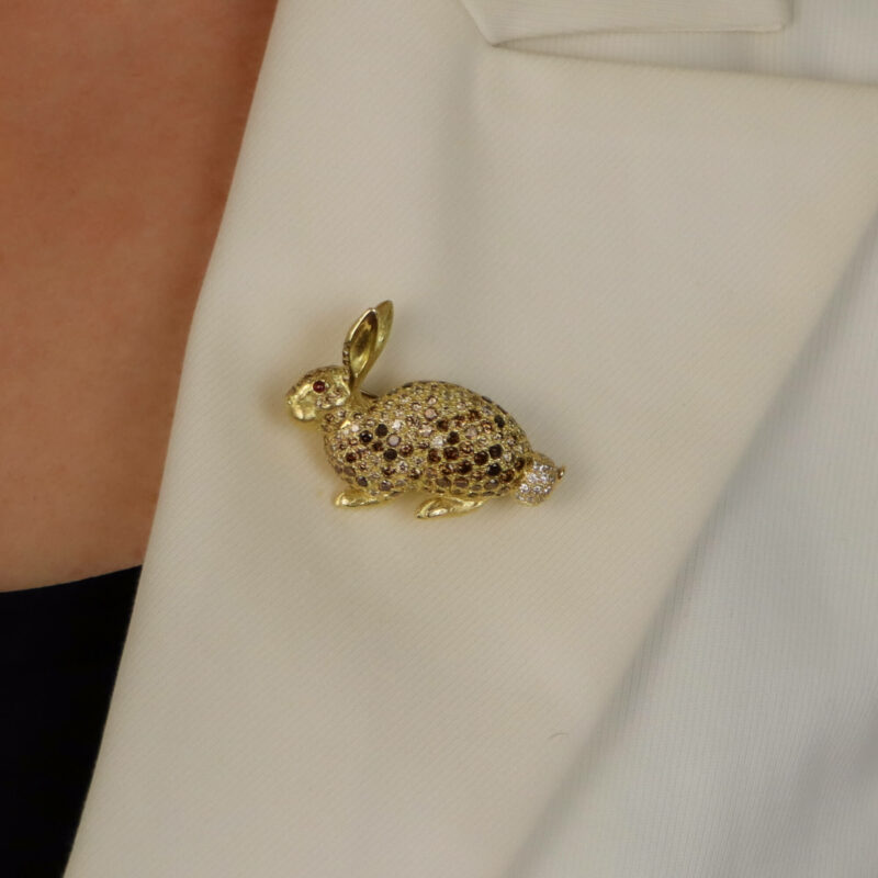 Cognac Diamond and Ruby Rabbit Pin Brooch