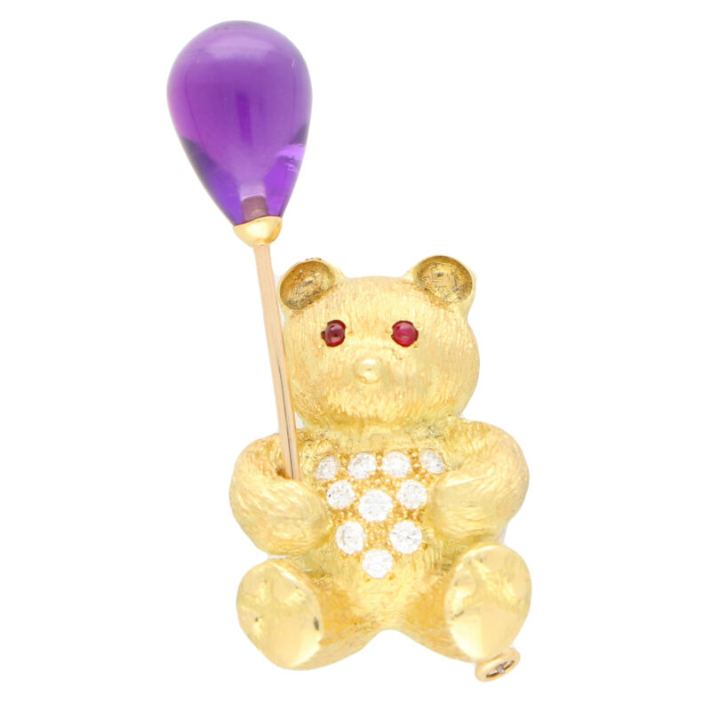 Diamond, Amethyst and Ruby Teddy Bear Pin Brooch