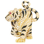 Diamond, Ruby and Black Enamel Tiger Pin Brooch