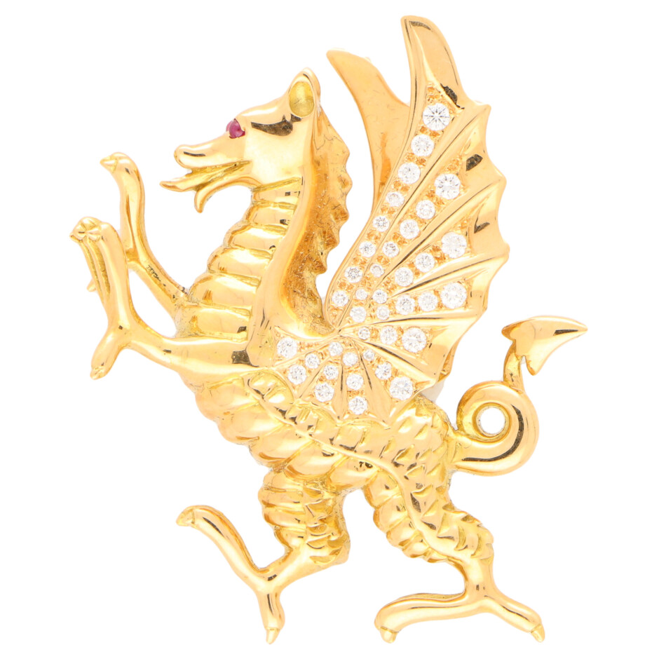 Diamond and Ruby Dragon Pin Brooch
