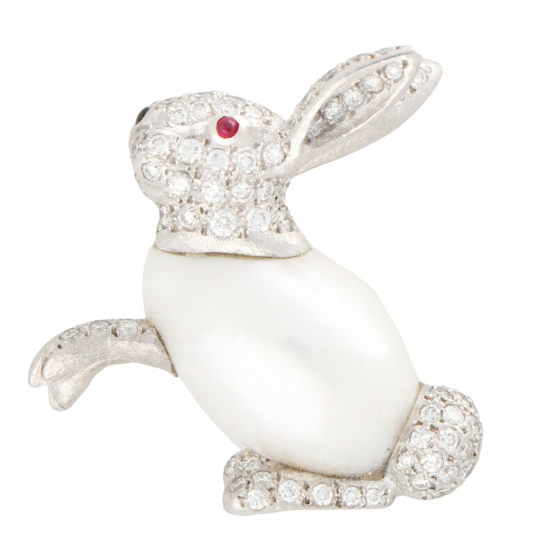 Baroque Freshwater Pearl and Diamond Rabbit Pin Brooch