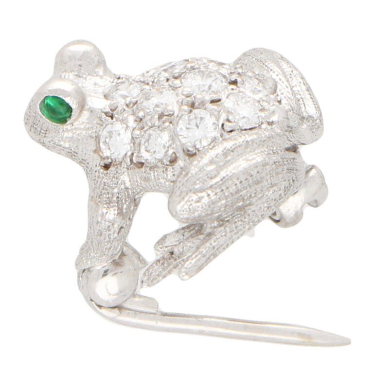 Diamond and Emerald Frog Pin Brooch