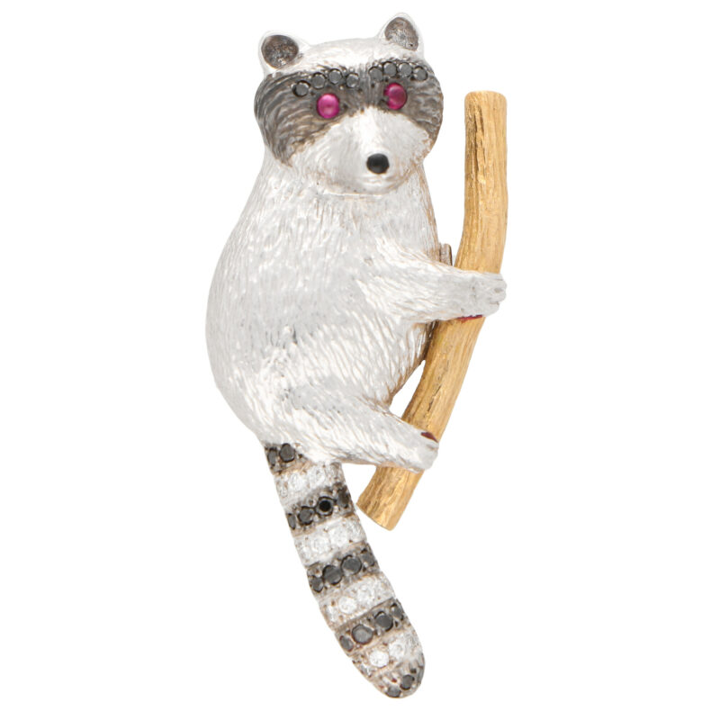 Black and White Diamond Raccoon Pin Brooch