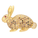 Cognac Diamond and Ruby Rabbit Pin Brooch