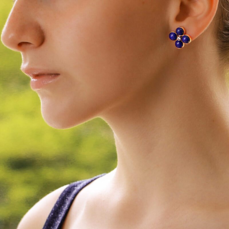 Lapis Lazuli and Diamond Clover Stud Earrings