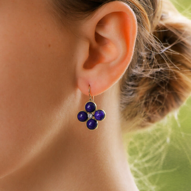 Lapis Lazuli and Diamond Clover Drop Earrings