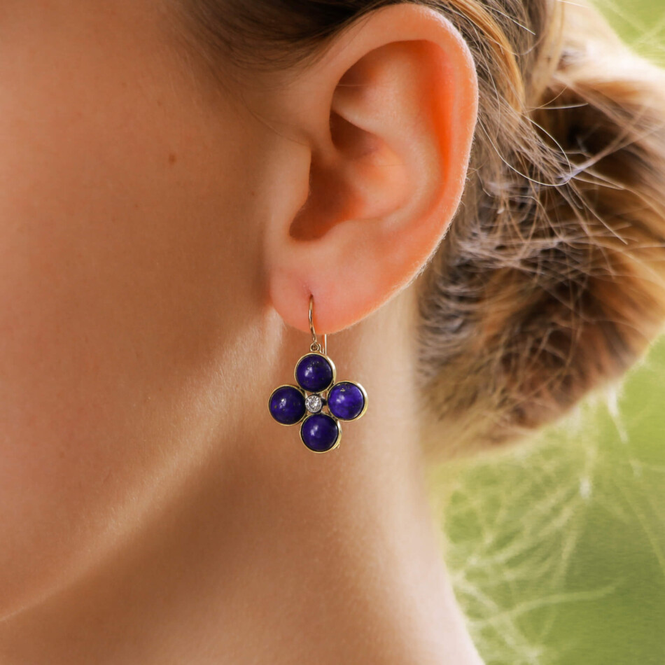 Lapis Lazuli and Diamond Clover Drop Earrings