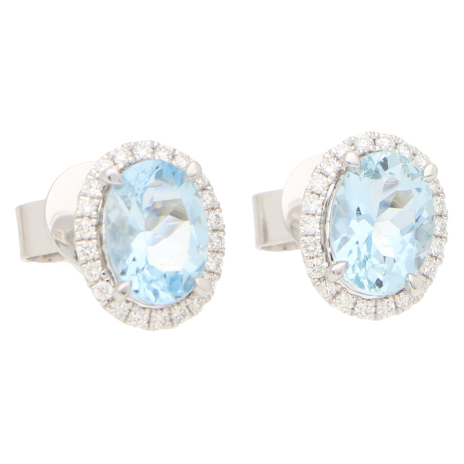 Aquamarine and Diamond Halo Stud Earrings (Medium Size)