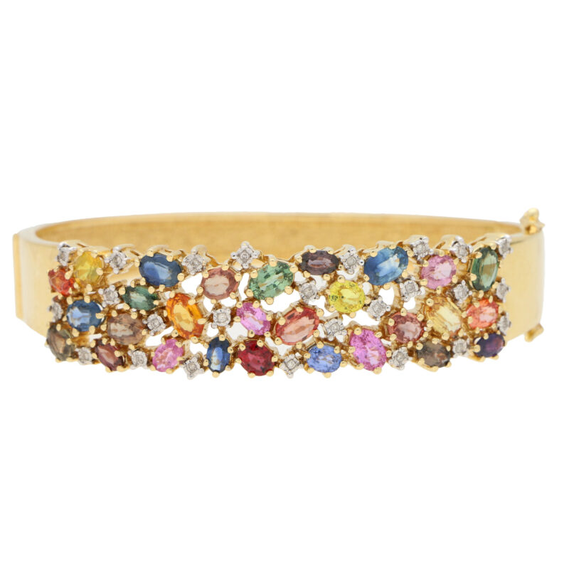 Multi coloured sapphire and diamond bangle