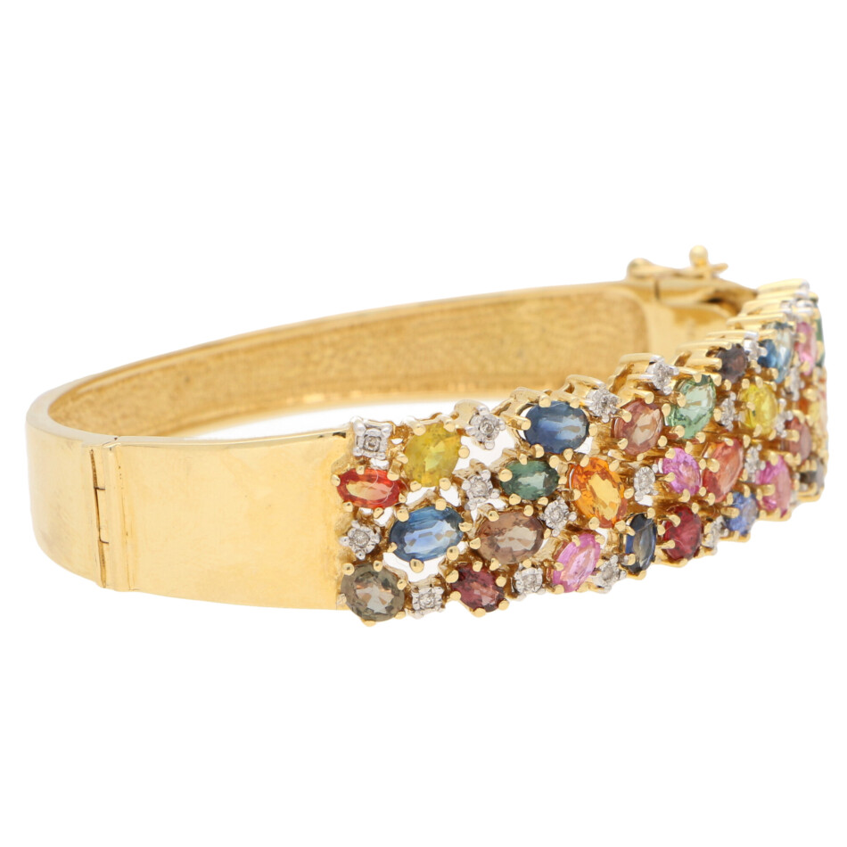 Multi coloured sapphire and diamond bangle