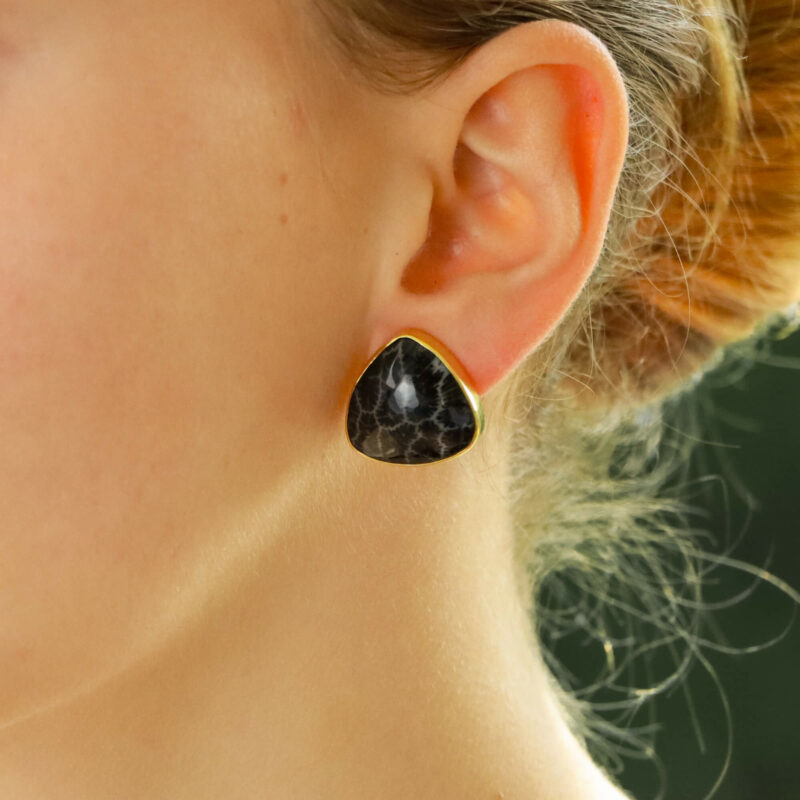 Vintage Fossilized Black Coral Chunky Earrings