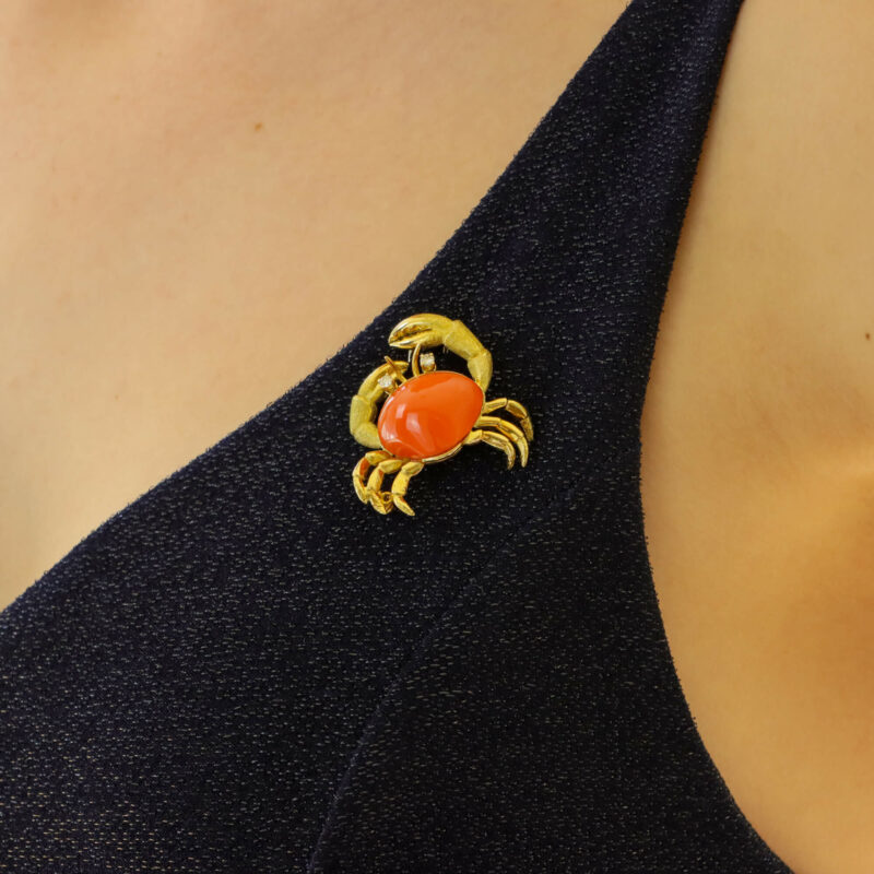 Vintage Tiffany & Co. Coral and Diamond Crab Brooch Pin