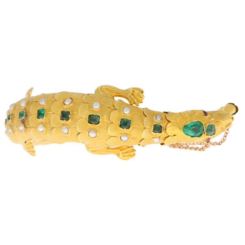 Late Victorian Emerald, Ruby and Pearl Salamander Bracelet