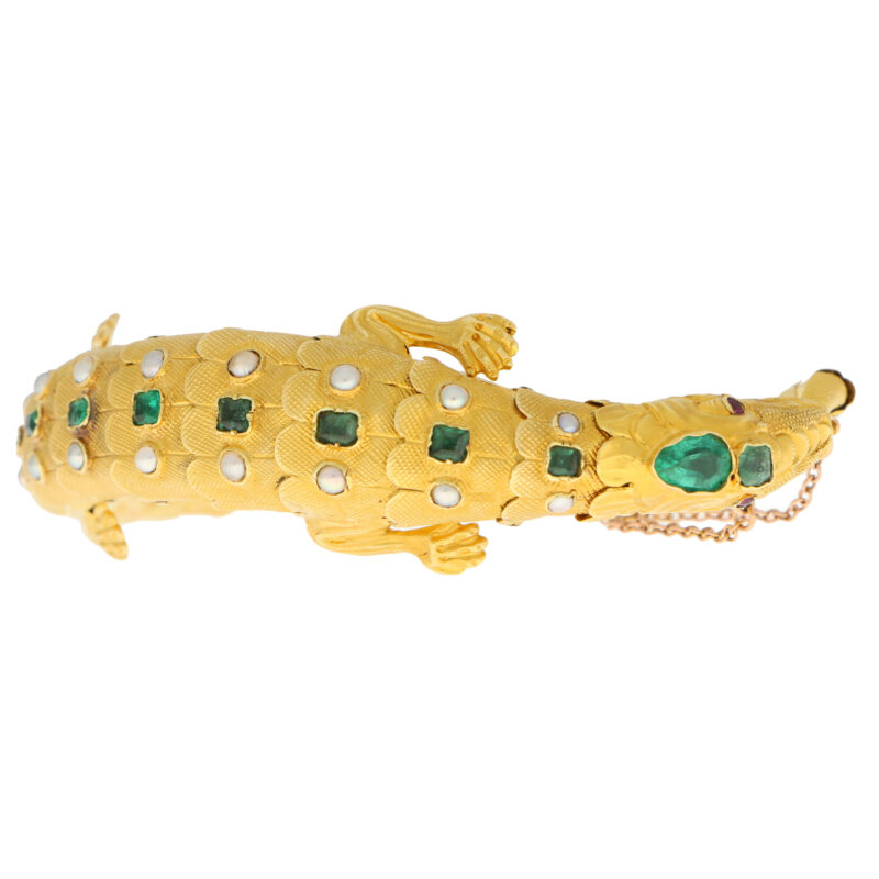 Late Victorian Emerald, Ruby and Pearl Salamander Bracelet