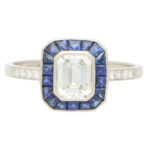 Art Deco Style Emerald Cut Diamond and Sapphire Target Ring