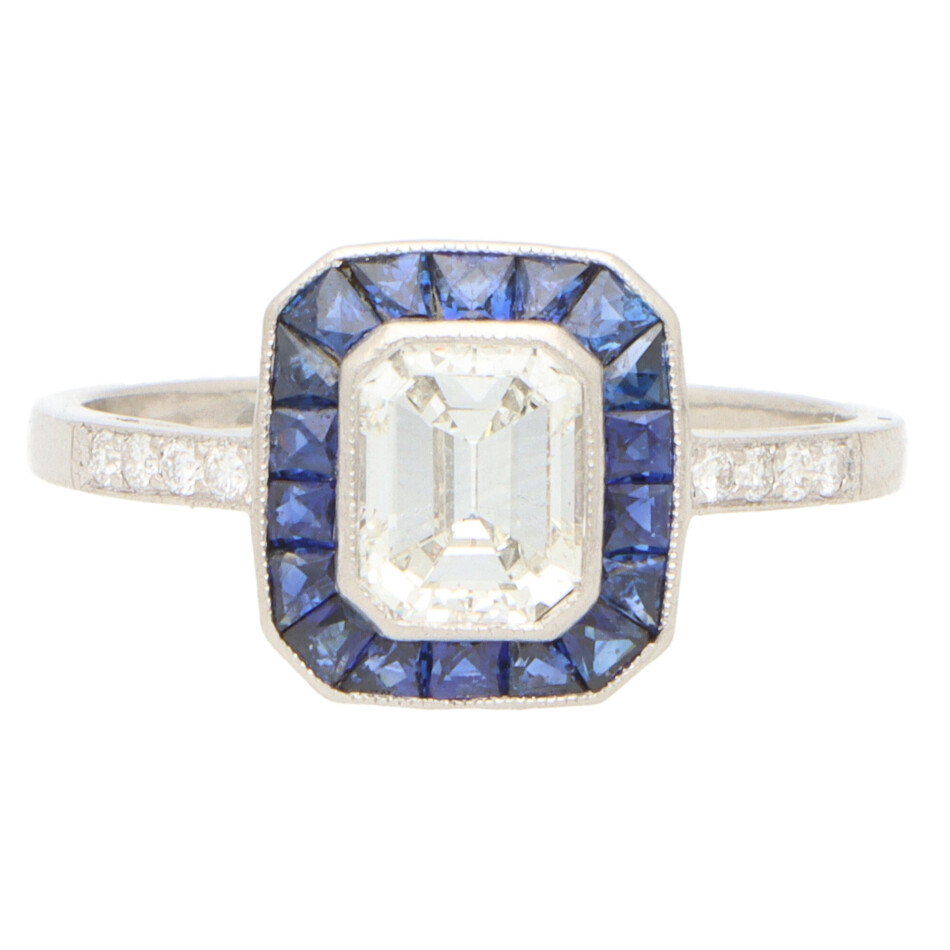 Art Deco Style Emerald Cut Diamond and Sapphire Target Ring