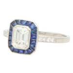 Art Deco Style Emerald Cut Diamond and Sapphire Target Ring