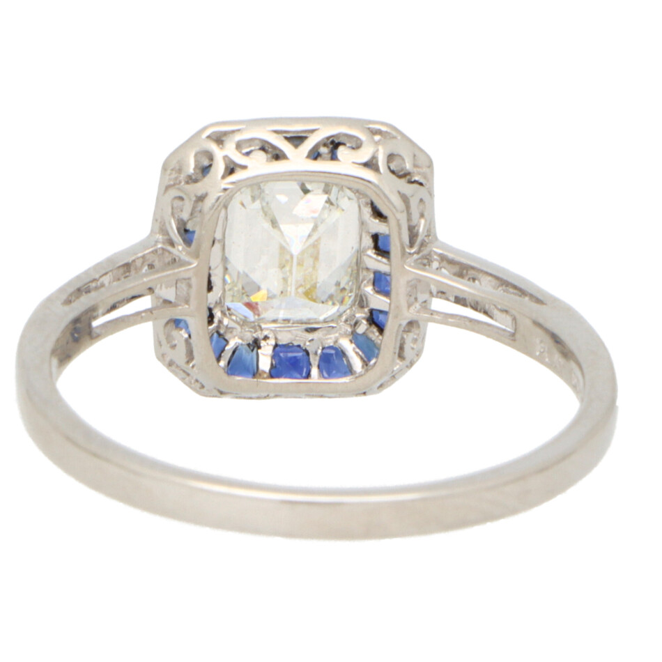 Art Deco Style Emerald Cut Diamond and Sapphire Target Ring