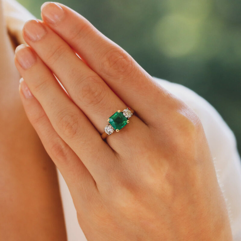 GIA  Certified Emerald and Diamond Three Stone Ring