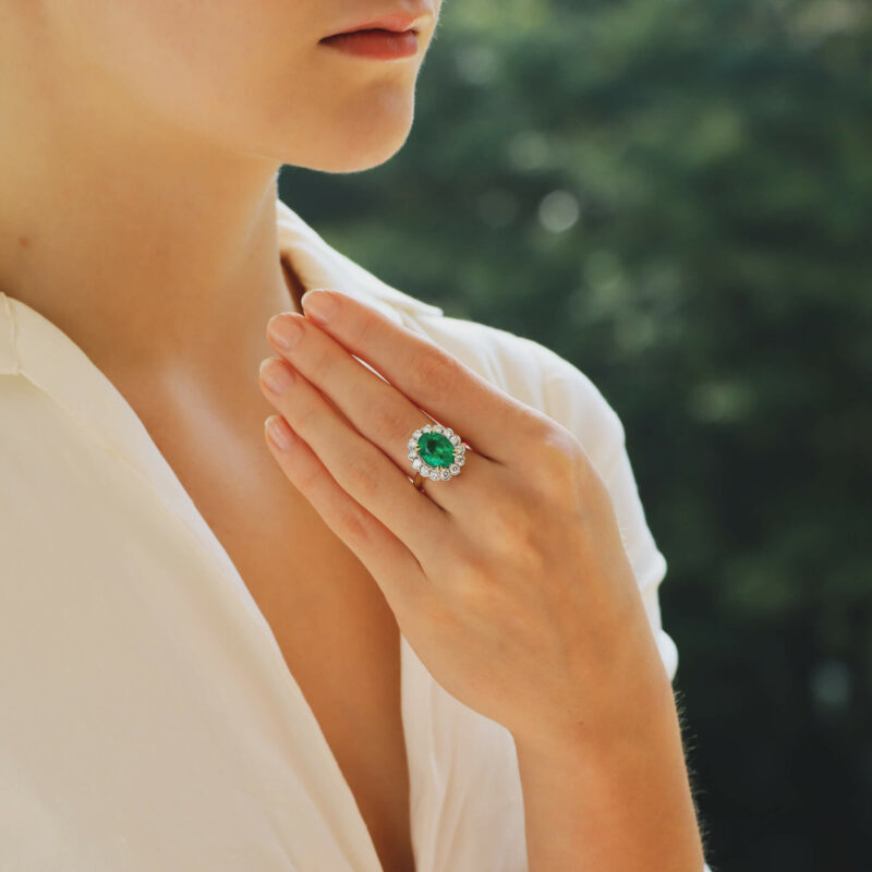 Emerald and Diamond Cluster Ring